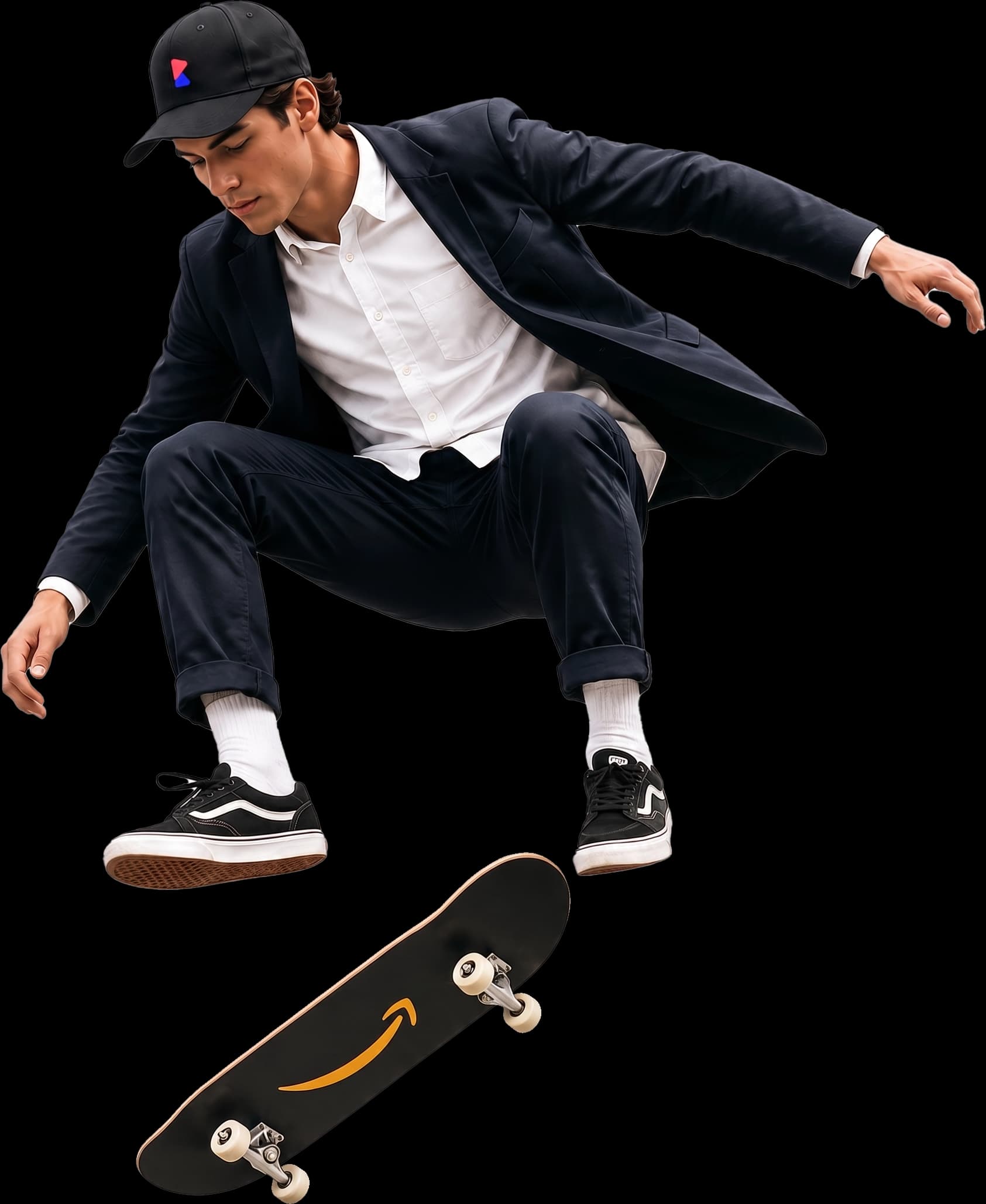 Mann im Anzug bei einem Skateboard-Sprung über einen Berg in den Brightways-Farben.