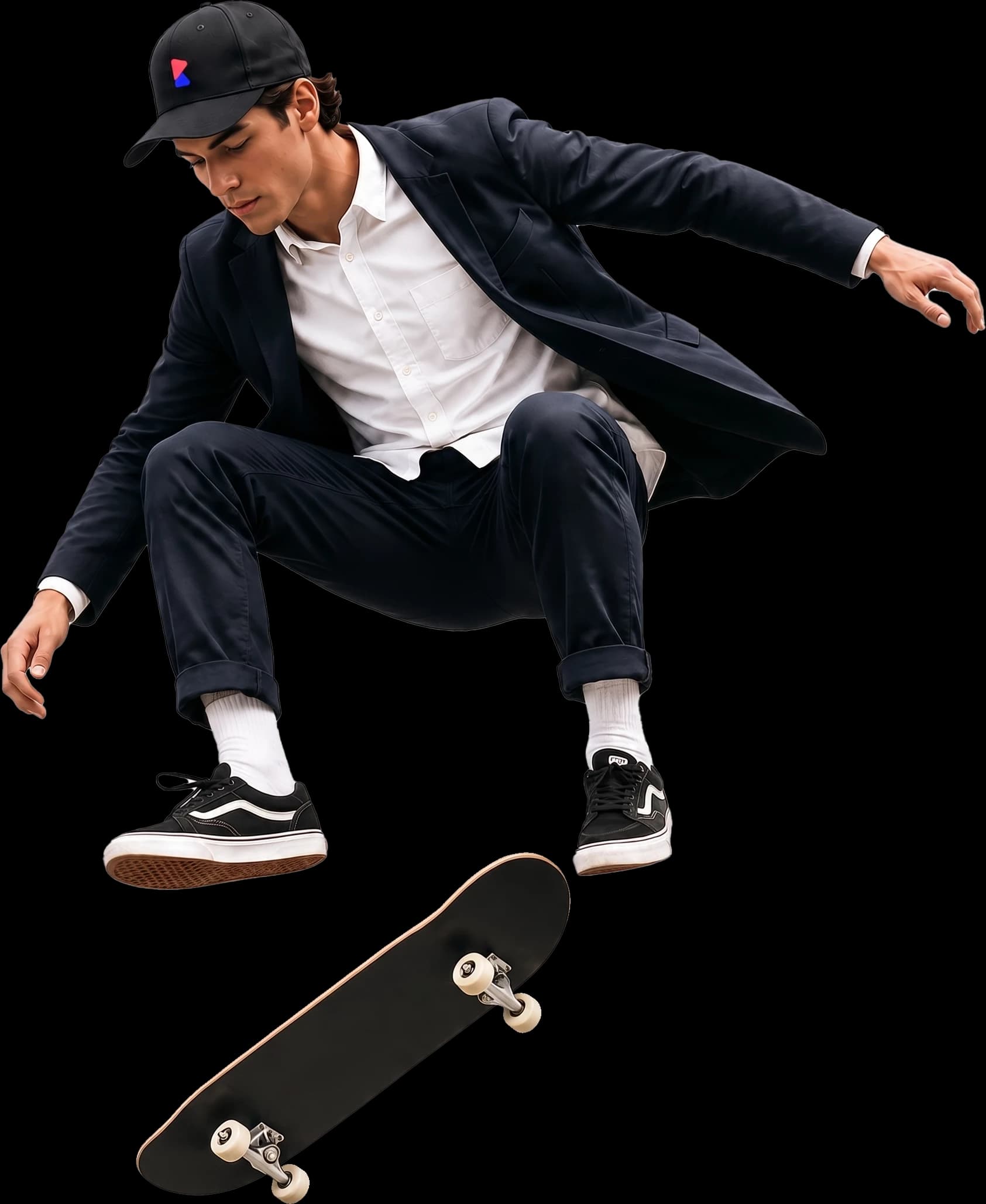 Man in pak maakt een skateboardsprong over een berg in de Brightways-kleuren.
