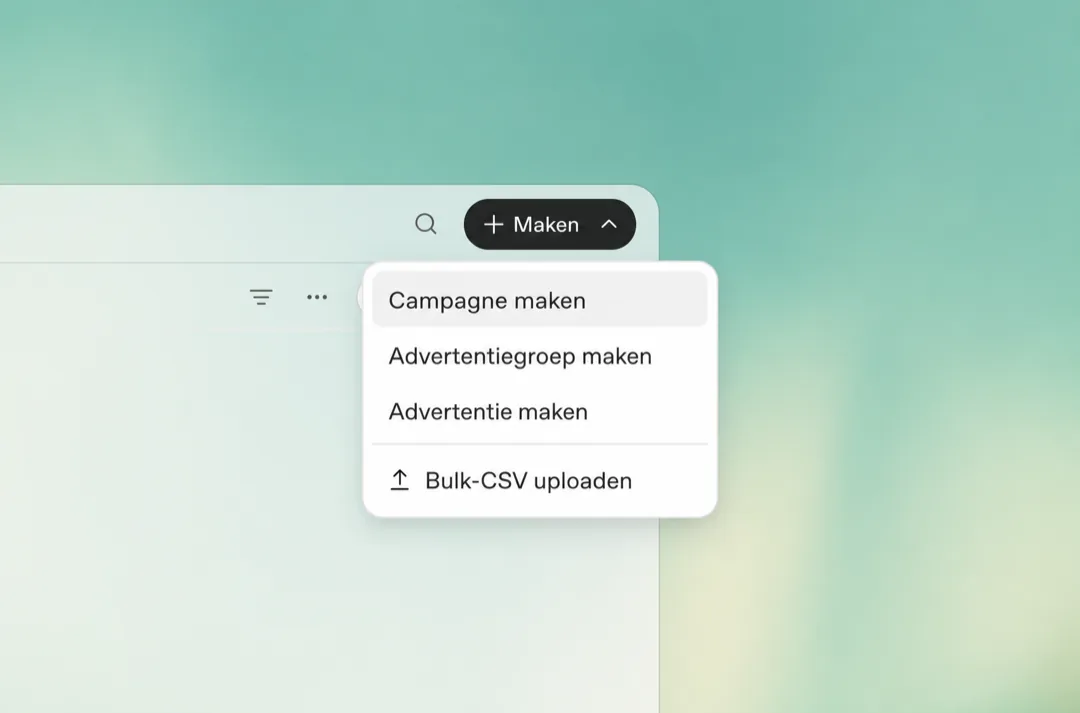 Het menu in OpenAI Ads Manager waarin je een campagne, advertentiegroep of advertentie maakt.
