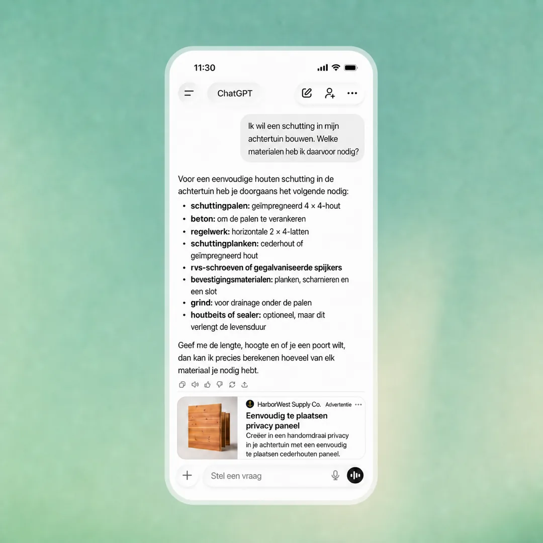 Een advertentie onder een ChatGPT-antwoord in het Nederlands, gelabeld als Advertentie en gescheiden van het antwoord.