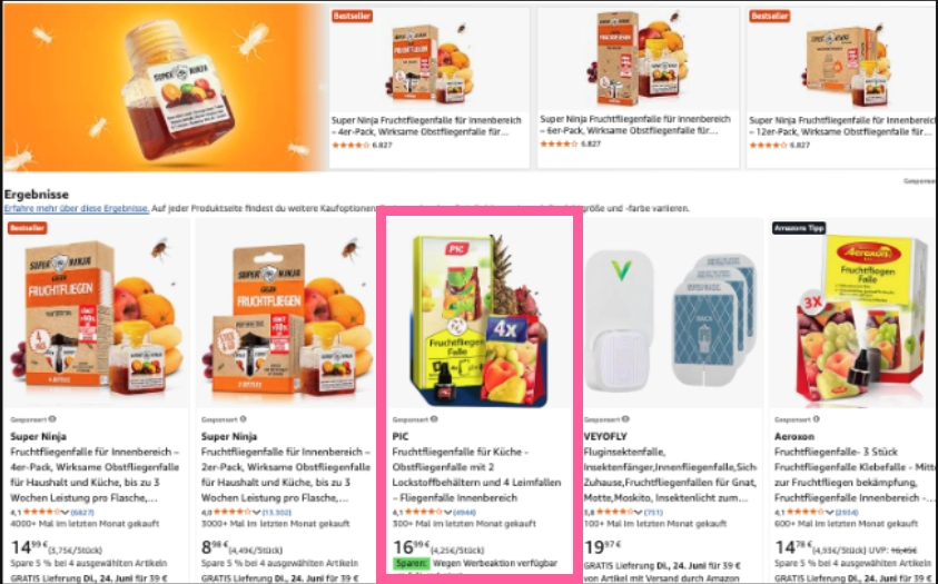 Super Ninja Sponsored-advertenties naast concurrerende producten in het Amazon-zoekresultaat.