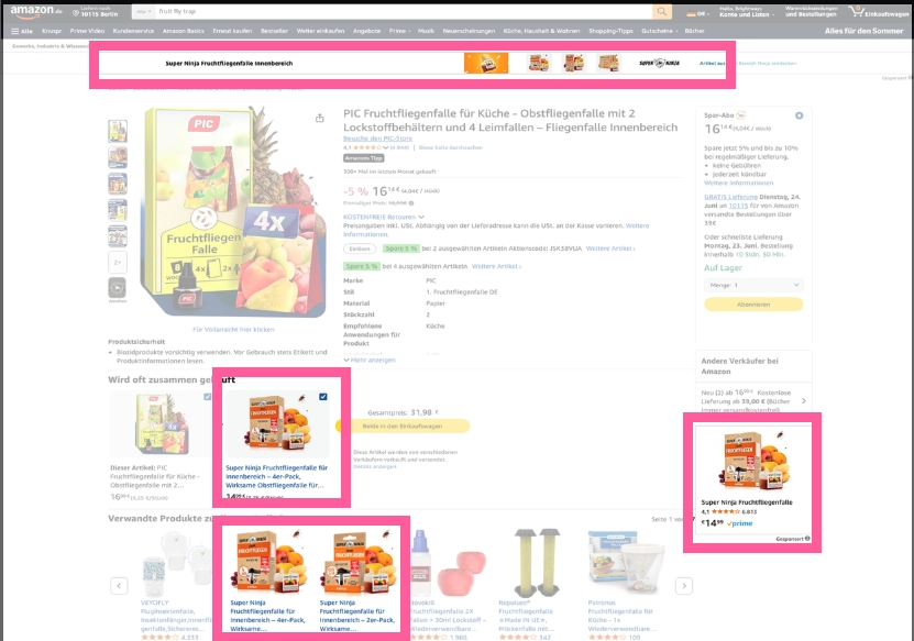 Super Ninja-advertenties op de productpagina van een concurrent.