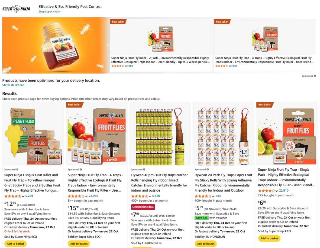 Amazon-zoekresultaat met Best Seller Badges op meerdere Super Ninja-listings.