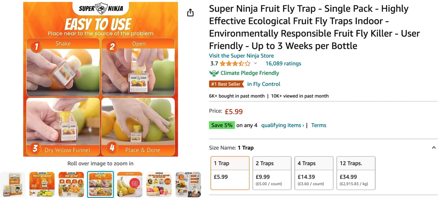 Amazon productpagina van Super Ninja met pack-variaties: 1, 2, 4 en 12 traps.