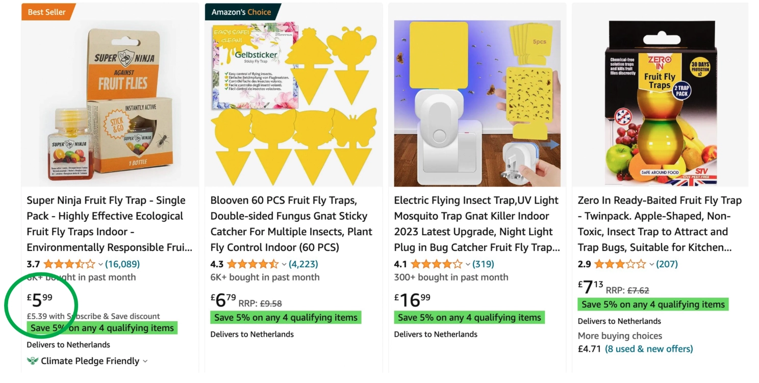 Amazon-zoekresultaat voor fruit fly traps met Super Ninja als voordeligste optie.