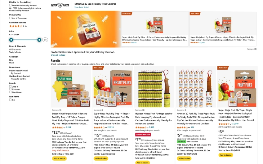 Amazon-zoekresultaat voor 'fruit fly trap' waarin Super Ninja de topposities inneemt.