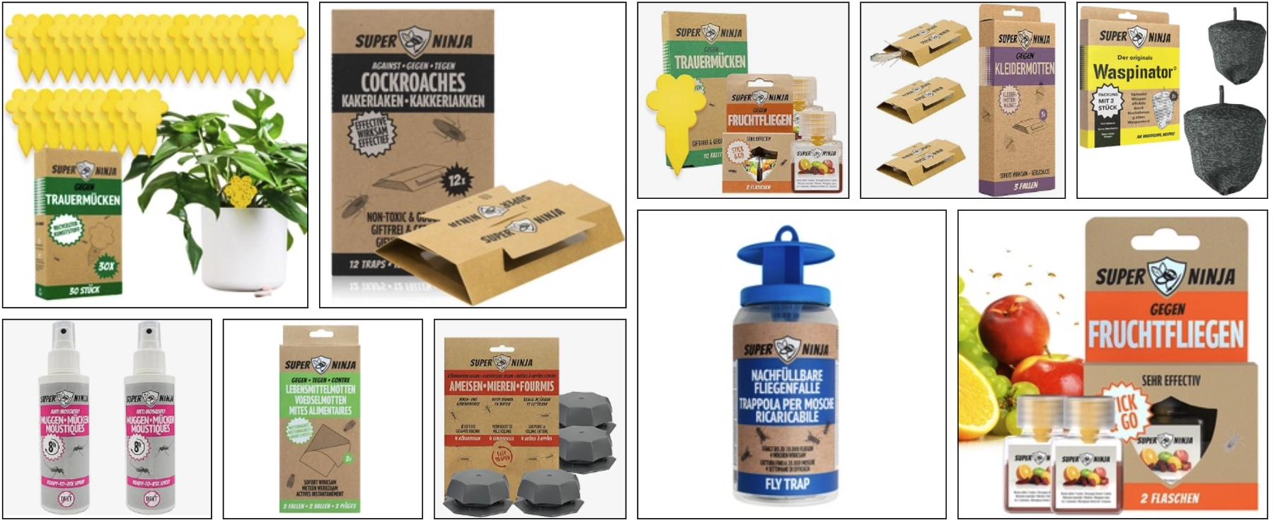 Overzicht van het brede Super Ninja-assortiment over meerdere ongediertecategorieën.