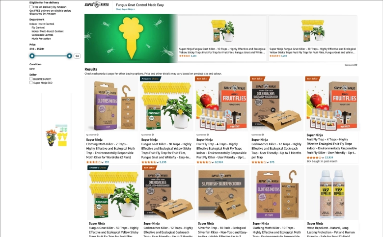 Amazon-zoekresultaat voor 'Super Ninja' dat volledig gevuld is met Super Ninja-producten.